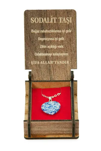 Sodalit Taşı Kalp Kolye - Ahşap Kutulu Hediyelik - 5