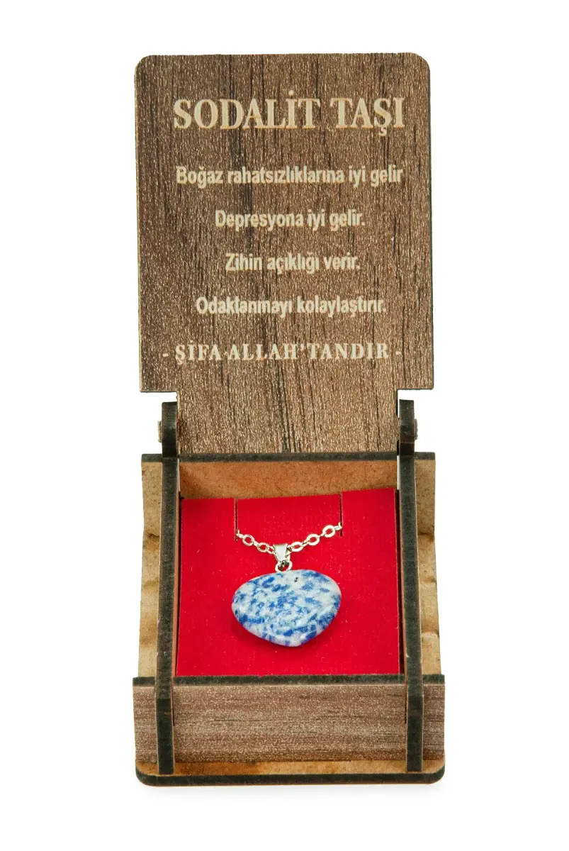 Sodalit Taşı Kalp Kolye - Ahşap Kutulu Hediyelik - 5