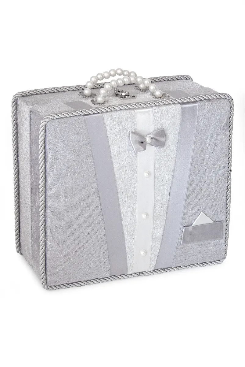 Söz Nişan Bohça Kutusu Çeyizlik Damat Kadife Sandık Gri - 1