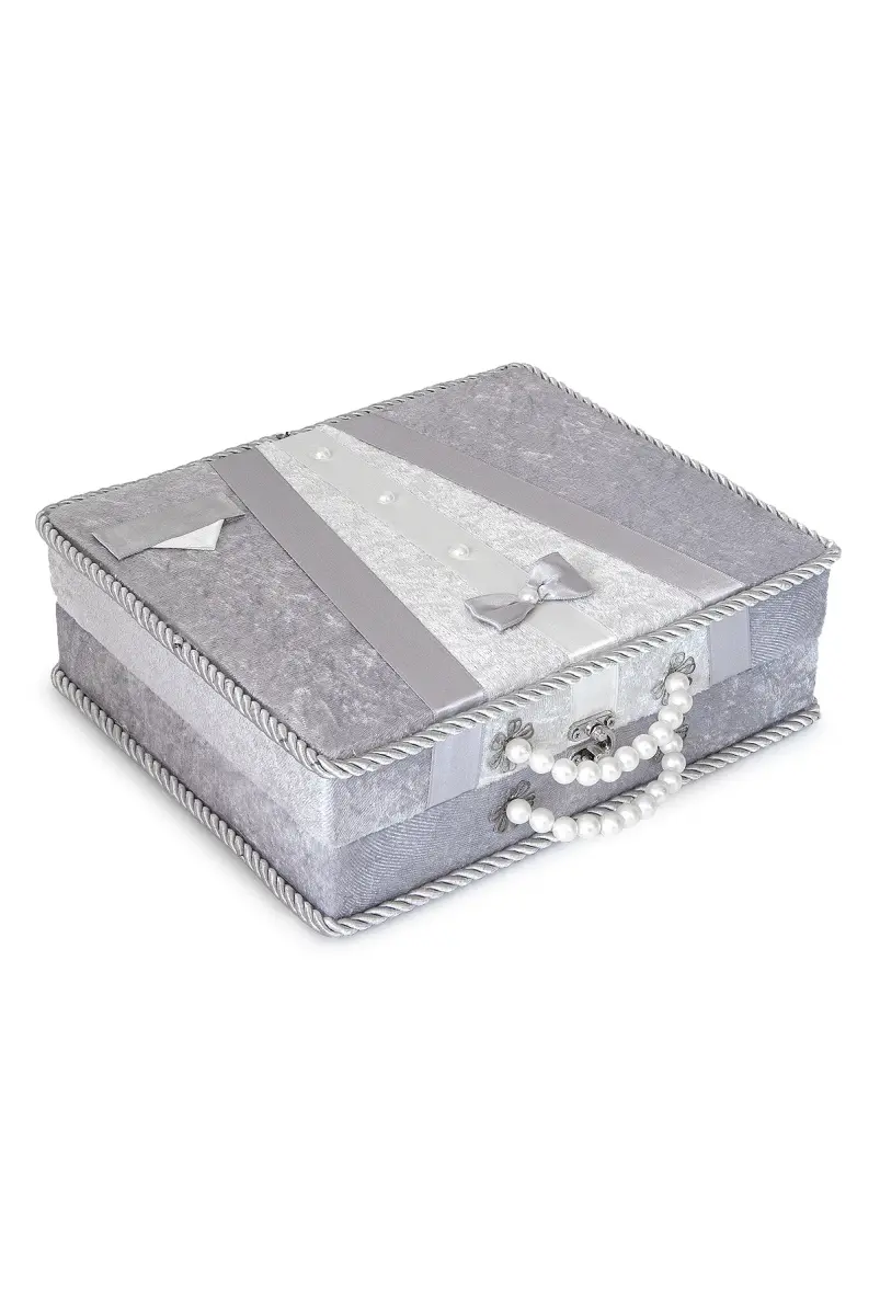 Söz Nişan Bohça Kutusu Çeyizlik Damat Kadife Sandık Gri - 2