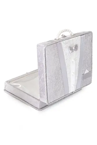 Söz Nişan Bohça Kutusu Çeyizlik Damat Kadife Sandık Gri - 4