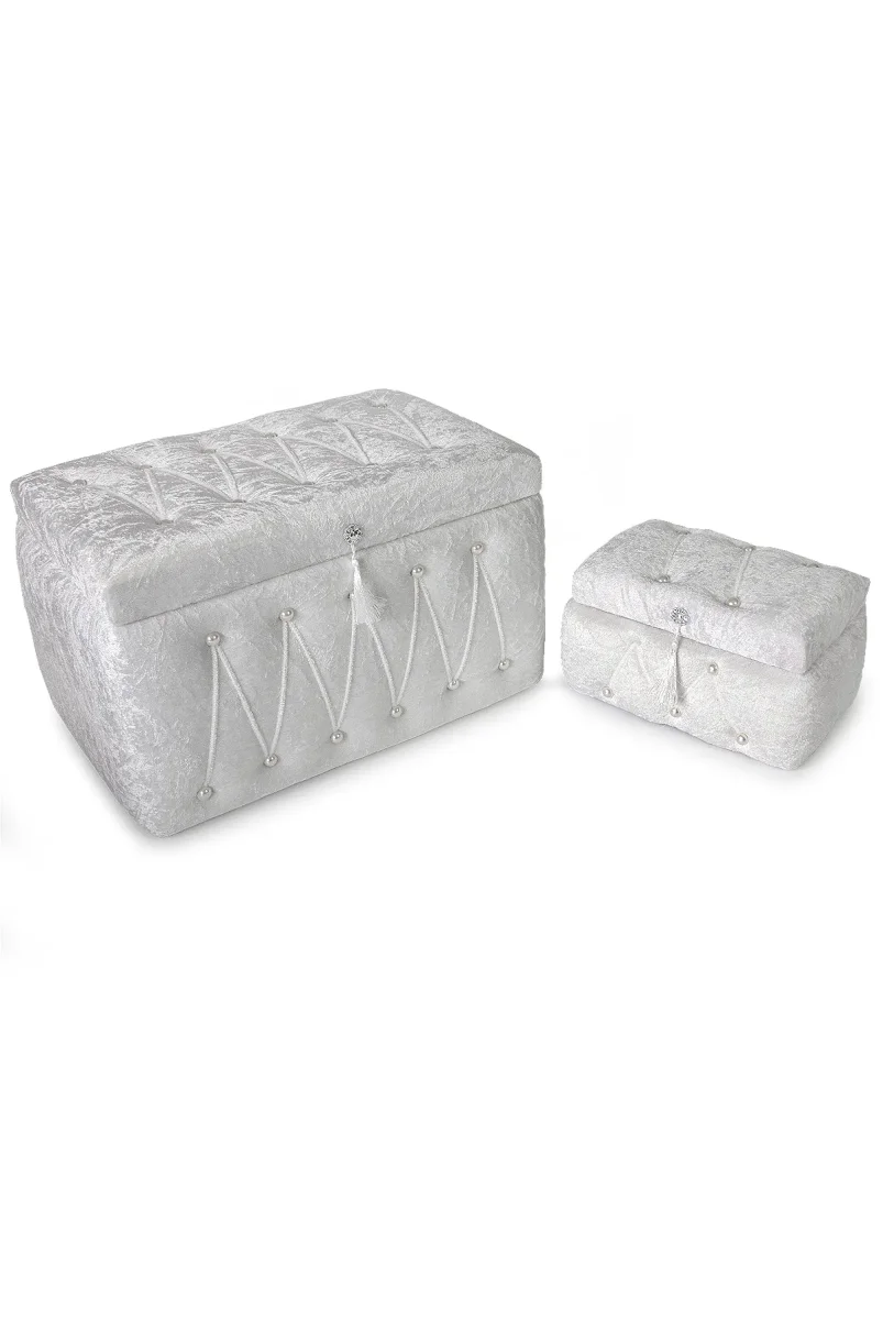 Söz Nişan Düğün Çeyizlik Kadife Gelin Bohça İkili Sandık - Beyaz - 1