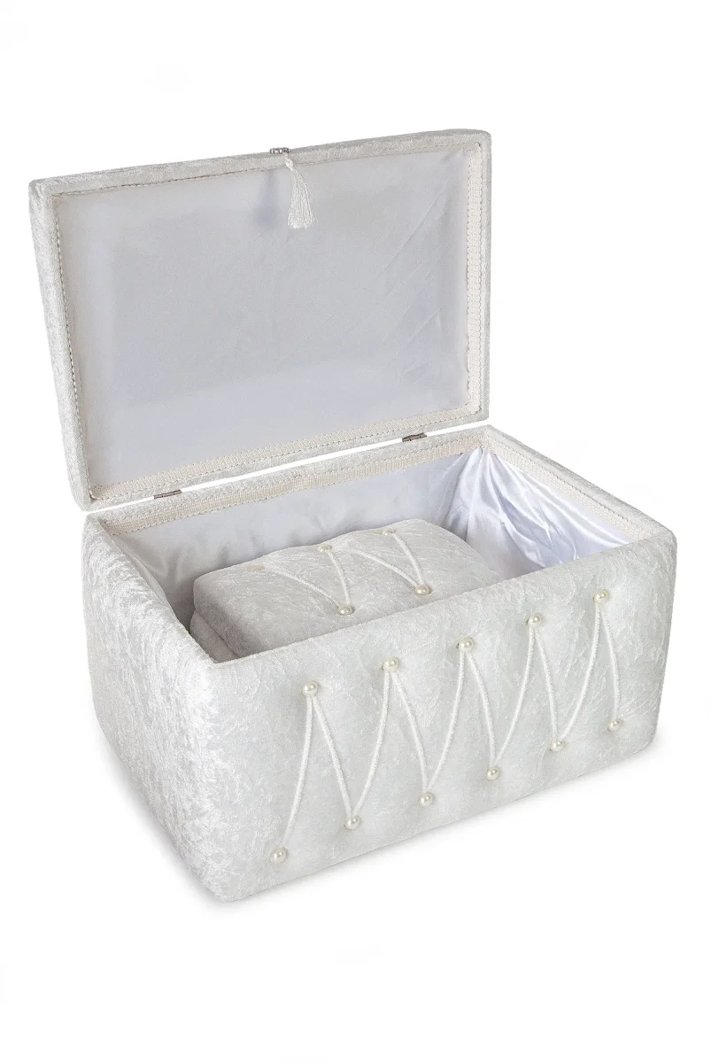 Söz Nişan Düğün Çeyizlik Kadife Gelin Bohça İkili Sandık - Beyaz - 3