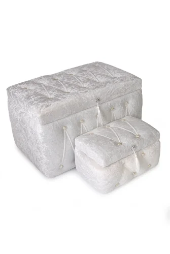 Söz Nişan Düğün Çeyizlik Kadife Gelin Bohça İkili Sandık - Beyaz - 5