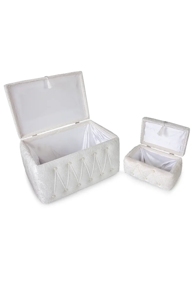Söz Nişan Düğün Çeyizlik Kadife Gelin Bohça İkili Sandık - Beyaz - 6