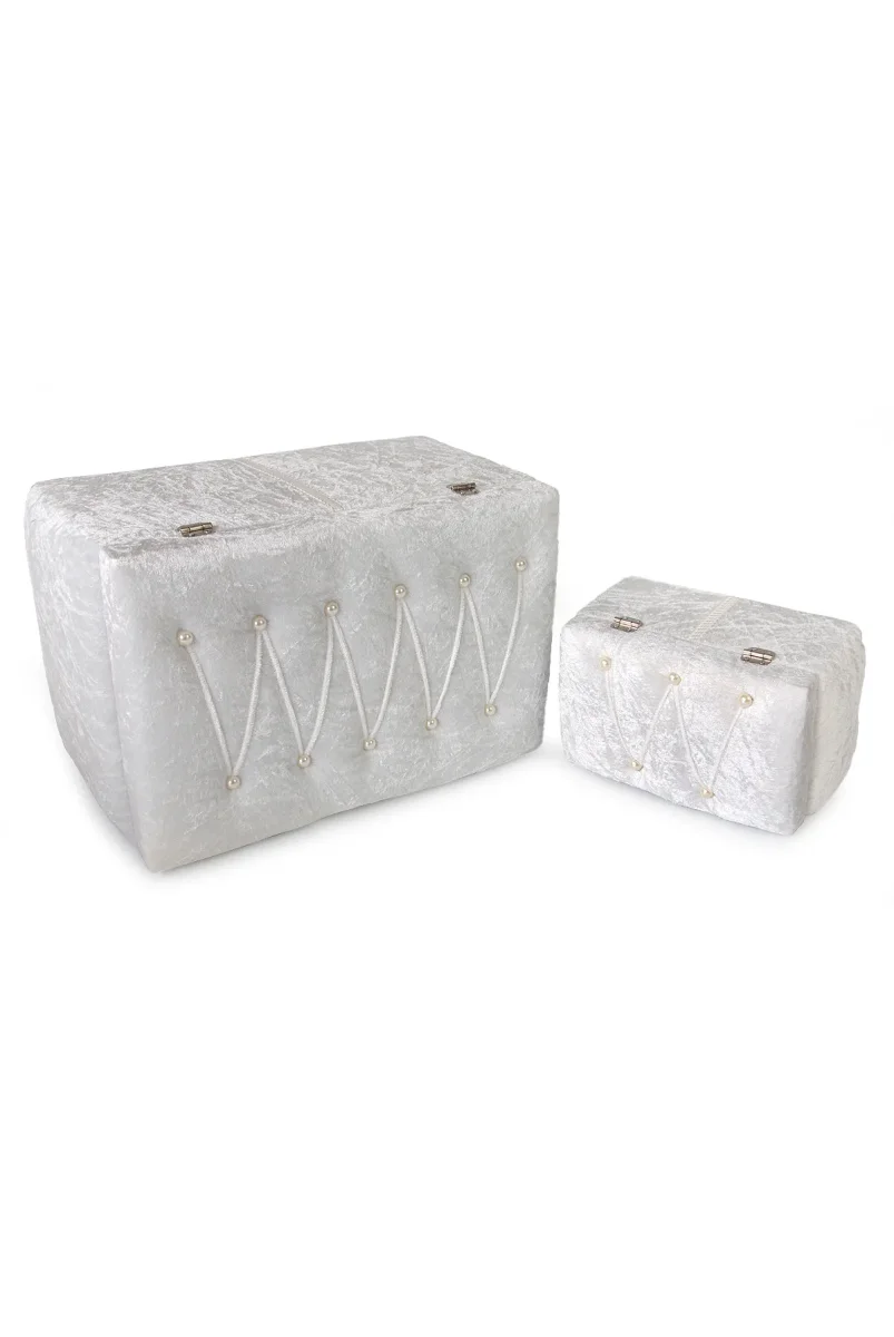 Söz Nişan Düğün Çeyizlik Kadife Gelin Bohça İkili Sandık - Beyaz - 7