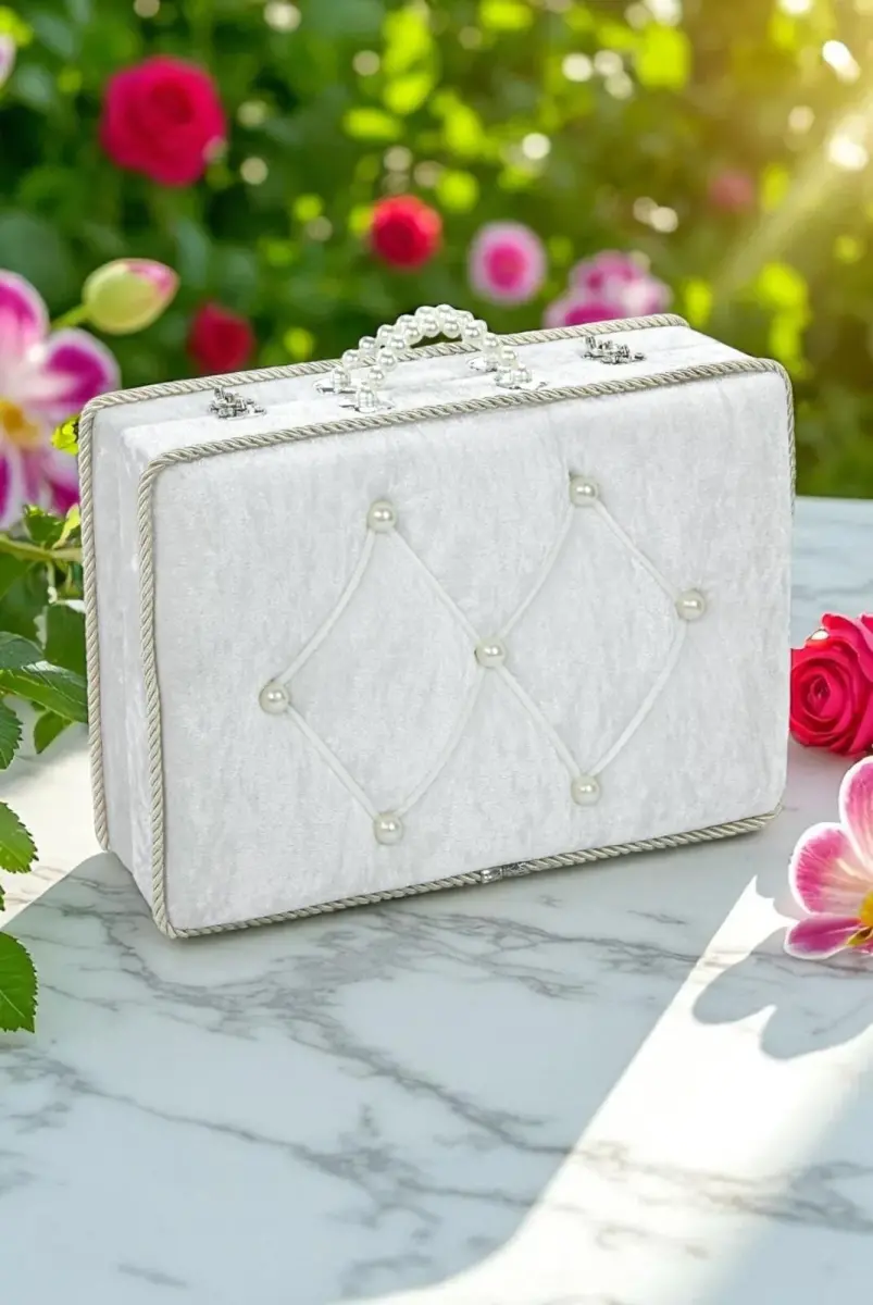 Söz Nişan Düğün Çeyizlik Kadife Gelin Bohça Sandık - Beyaz - 1