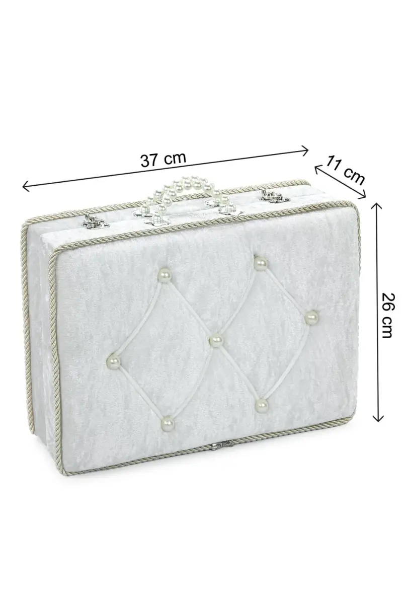 Söz Nişan Düğün Çeyizlik Kadife Gelin Bohça Sandık - Beyaz - 8