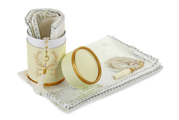Special Cylinder Boxed Set Pearl Rosary Mevlid Veiled Cream Color - 2
