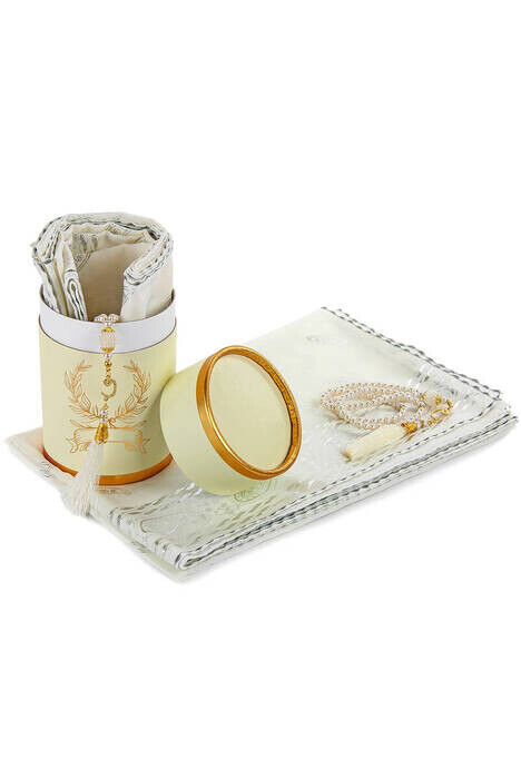 Special Cylinder Boxed Set Pearl Rosary Mevlid Veiled Cream Color - 1