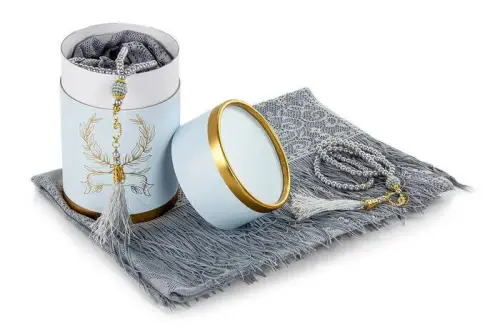 Special Cylinder Boxed Set Pearl Rosary Tulle Shawl Gray Color - İhvan (1)