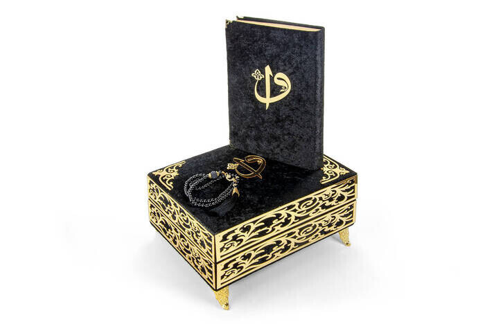 Special Elif Vav Plexi Decorated Gift Quran with Velvet Covered Footed Quran Black - Thumbnail