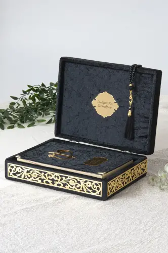 Special Elif Vav Plexi Decorated Gift Velvet Coated Boxed Quran Kerim Black - İhvan (1)