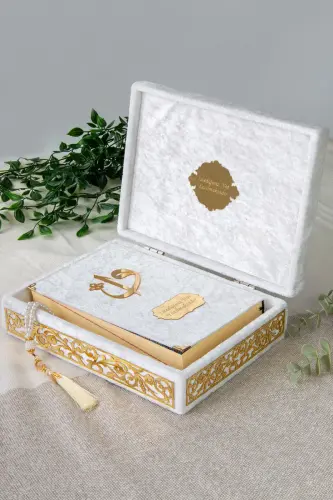 Special Elif Vav Plexi Decorated Gift Velvet Coated Boxed Quran Kerim White - İhvan (1)