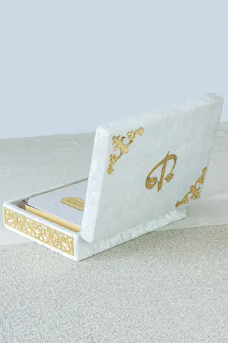 Special Elif Vav Plexi Decorated Gift Velvet Coated Boxed Quran Kerim White - 4
