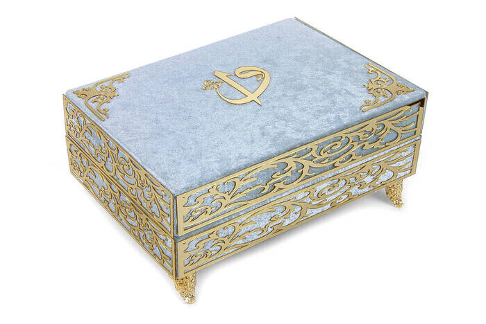 Special Elif Vav Plexi Decorated Gift Velvet Covered Footed Quran with Chest Blue)