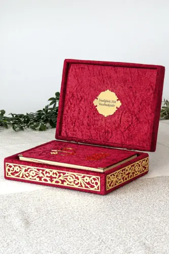 Special Elif Vav Plexi Decorated Gift Velvet Covered Quran with Boxes Claret Red - İhvan (1)