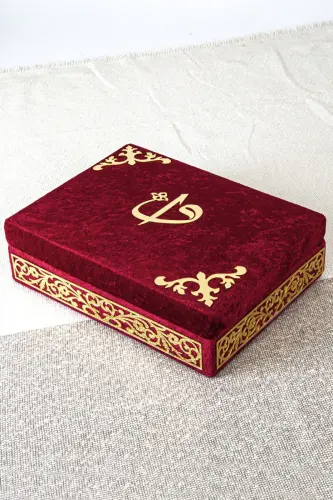 Special Elif Vav Plexi Decorated Gift Velvet Covered Quran with Boxes Claret Red - 3