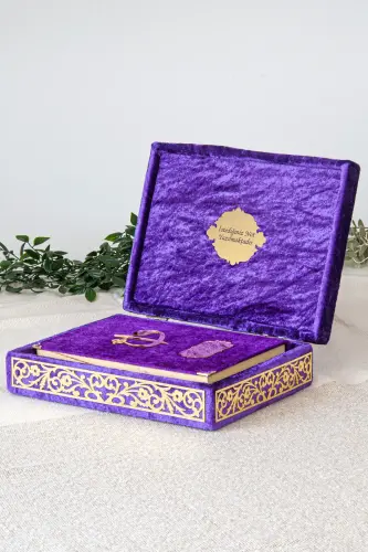 Special Elif Vav Plexi Ornament Gift Velvet Covered Quran with Box Purple - İhvan (1)