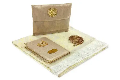 Special Name Printed Fabric Coated Yasin Book For Father's Day Seccadeli Rosary Marsupian Set - Cream Color - İhvan (1)