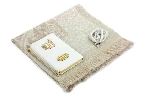 Special Name Printed Fabric Coated Yasin Book For Father's Day Seccadeli Rosary Marsupian Set - White Color - 3