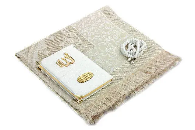 Special Name Printed Fabric Coated Yasin Book For Father's Day Seccadeli Rosary Marsupian Set - White Color - 3