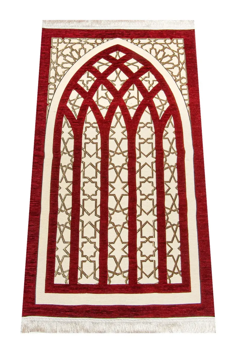 Star Patterned Chenille Prayer Rug - Red - 1