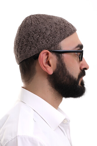 Sütlü Kahve Hasır Desen Kışlık Kadife Namaz Takkesi - 4
