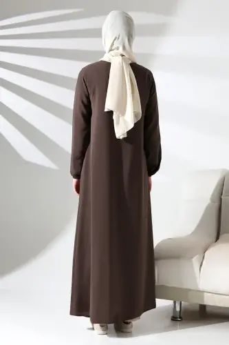 Sütlü Kahve Sade Gizli Fermuarlı Aveze Hac Umre Tesettür Ferace - 4