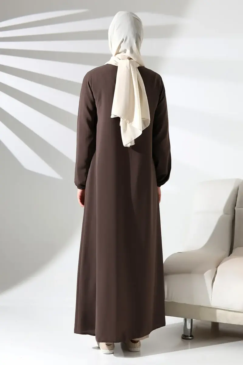 Sütlü Kahve Sade Gizli Fermuarlı Aveze Hac Umre Tesettür Ferace - 4