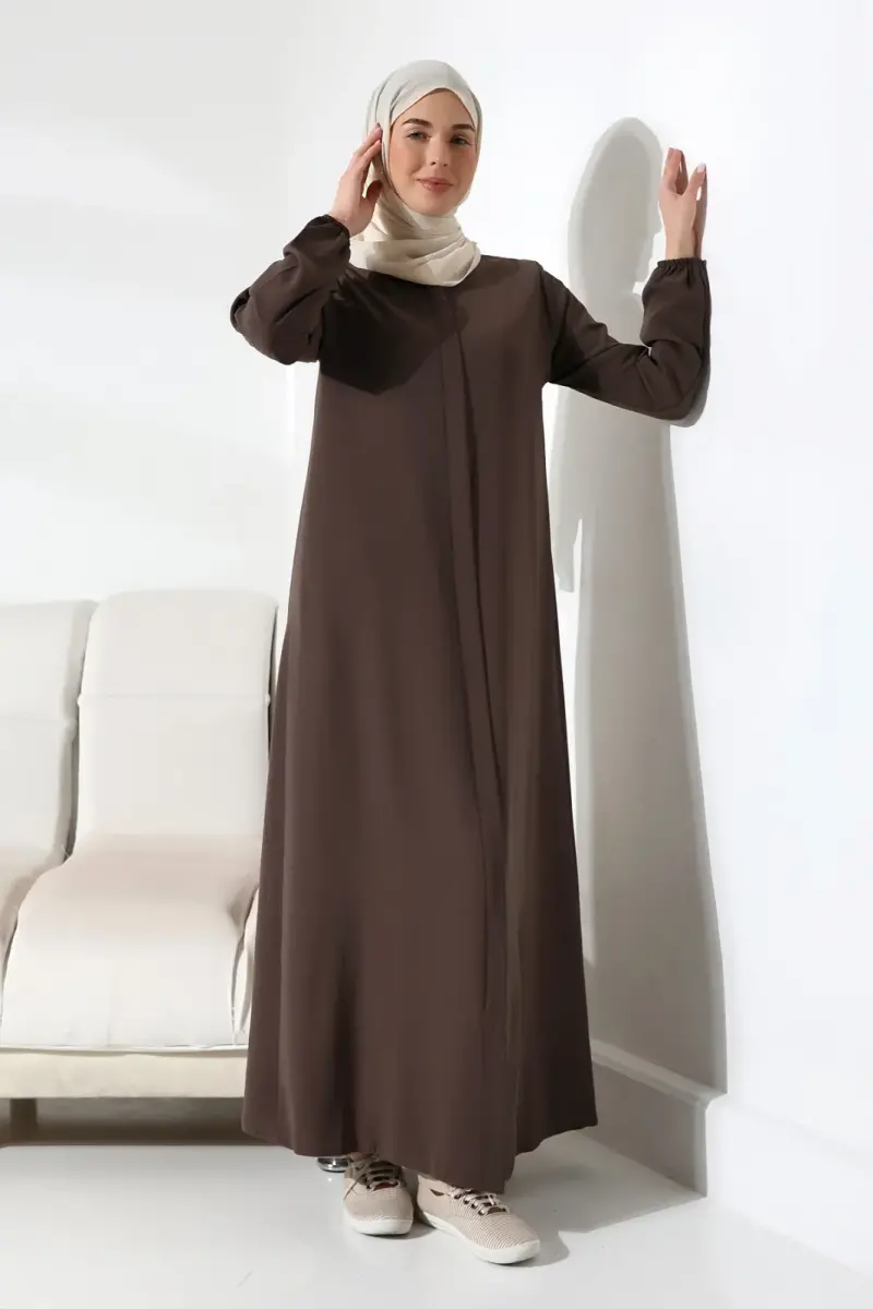 Sütlü Kahve Sade Gizli Fermuarlı Aveze Hac Umre Tesettür Ferace - 6