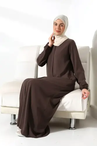 Sütlü Kahve Sade Gizli Fermuarlı Aveze Hac Umre Tesettür Ferace - 7