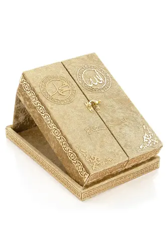 Table Top Double Covered Quran Set With Velvet Covered Chest - Gold - ihvanonline (1)