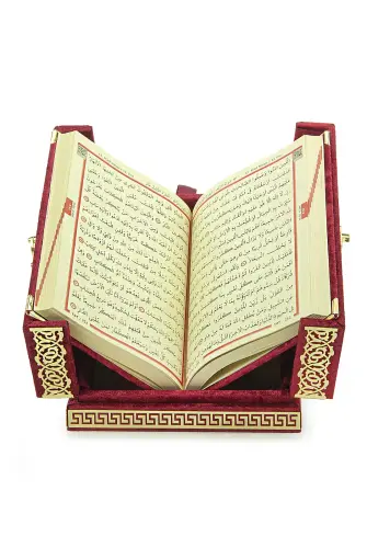 Table Top Koran Set With Double Door Velvet Covered Chest - Red - 6