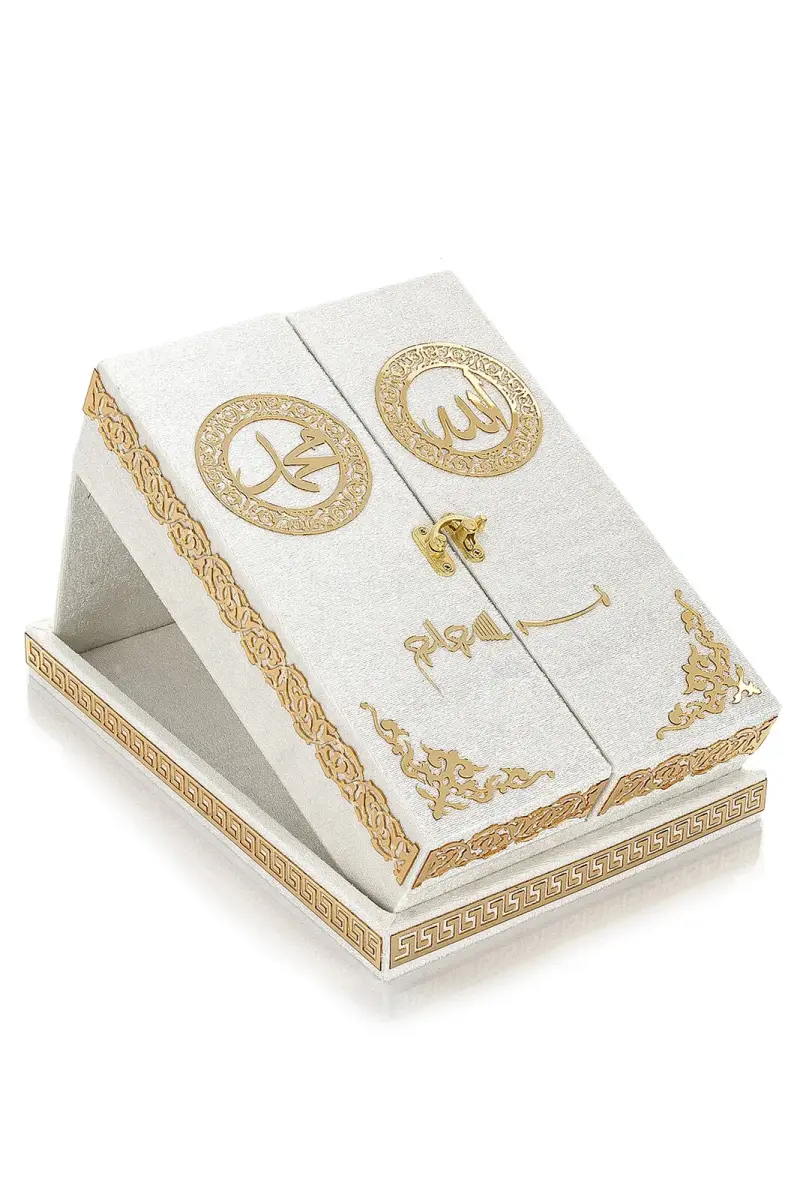 Table Top Koran Set With Double Door Velvet Covered Chest - White - 2