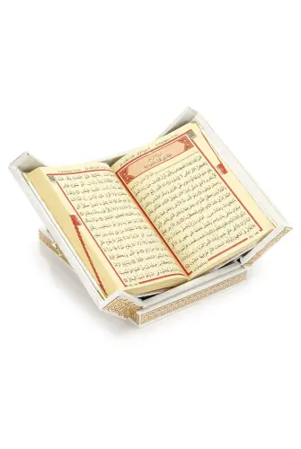 Table Top Koran Set With Double Door Velvet Covered Chest - White - 4