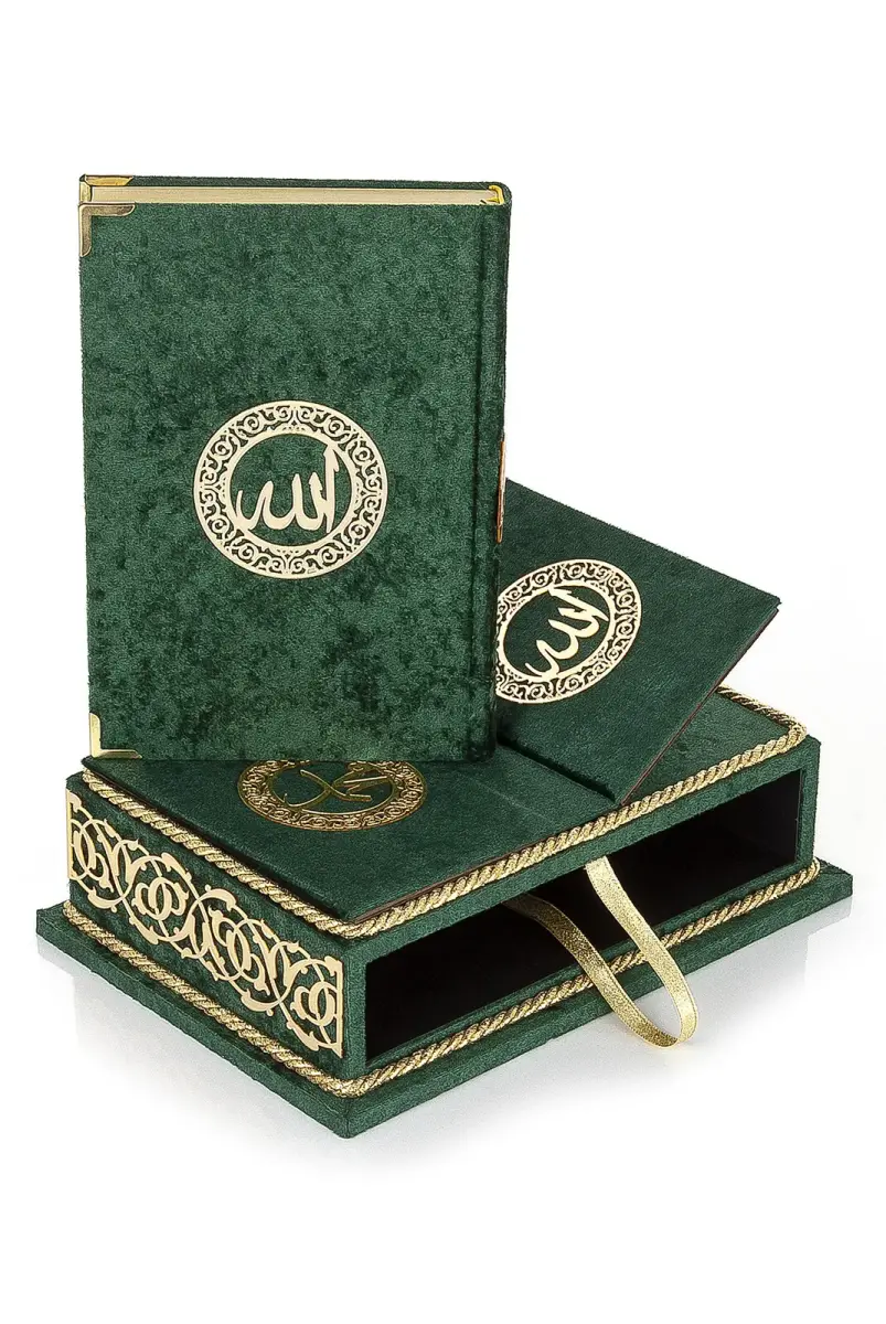 Table Top Velvet Covered Holy Quran Set with Recliners - Rahiya Series Green - 3