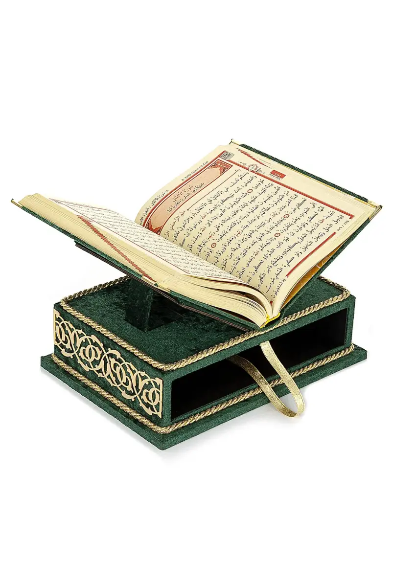 Table Top Velvet Covered Holy Quran Set with Recliners - Rahiya Series Green - 4