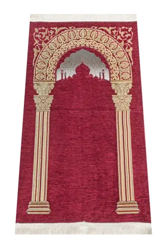 Taç Mahal Desenli Şönil Seccade - Bordo Renk 