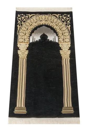 Taç Mahal Desenli Şönil Seccade - Siyah Renk 