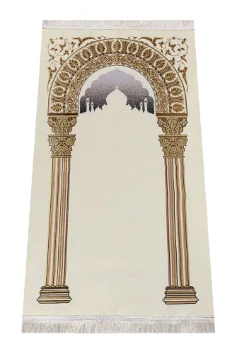Taj Mahal Patterned Chenille Prayer Rug - Cream Color - 1