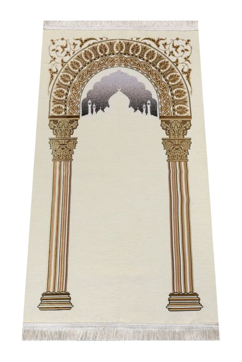 Taj Mahal Patterned Chenille Prayer Rug - Cream Color - 1
