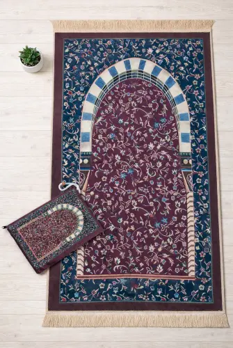 Taşınabilir Çantalı Ravza Desenli Kadife Seccade - Bordo - 1