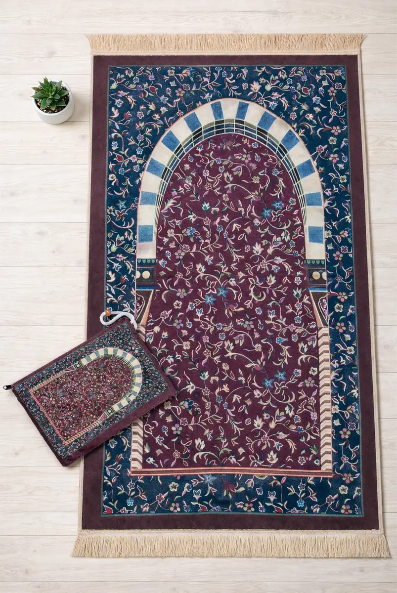 Taşınabilir Çantalı Ravza Desenli Kadife Seccade - Bordo - 1