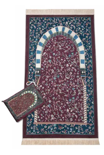 Taşınabilir Çantalı Ravza Desenli Kadife Seccade - Bordo - 2