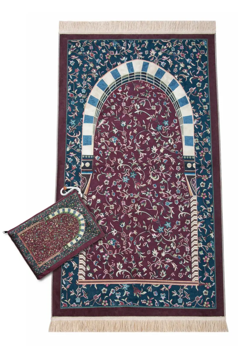 Taşınabilir Çantalı Ravza Desenli Kadife Seccade - Bordo - 2