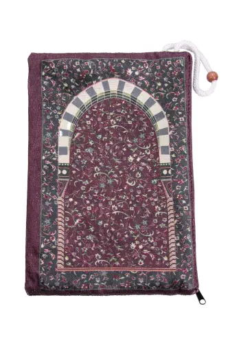 Taşınabilir Çantalı Ravza Desenli Kadife Seccade - Bordo - 3