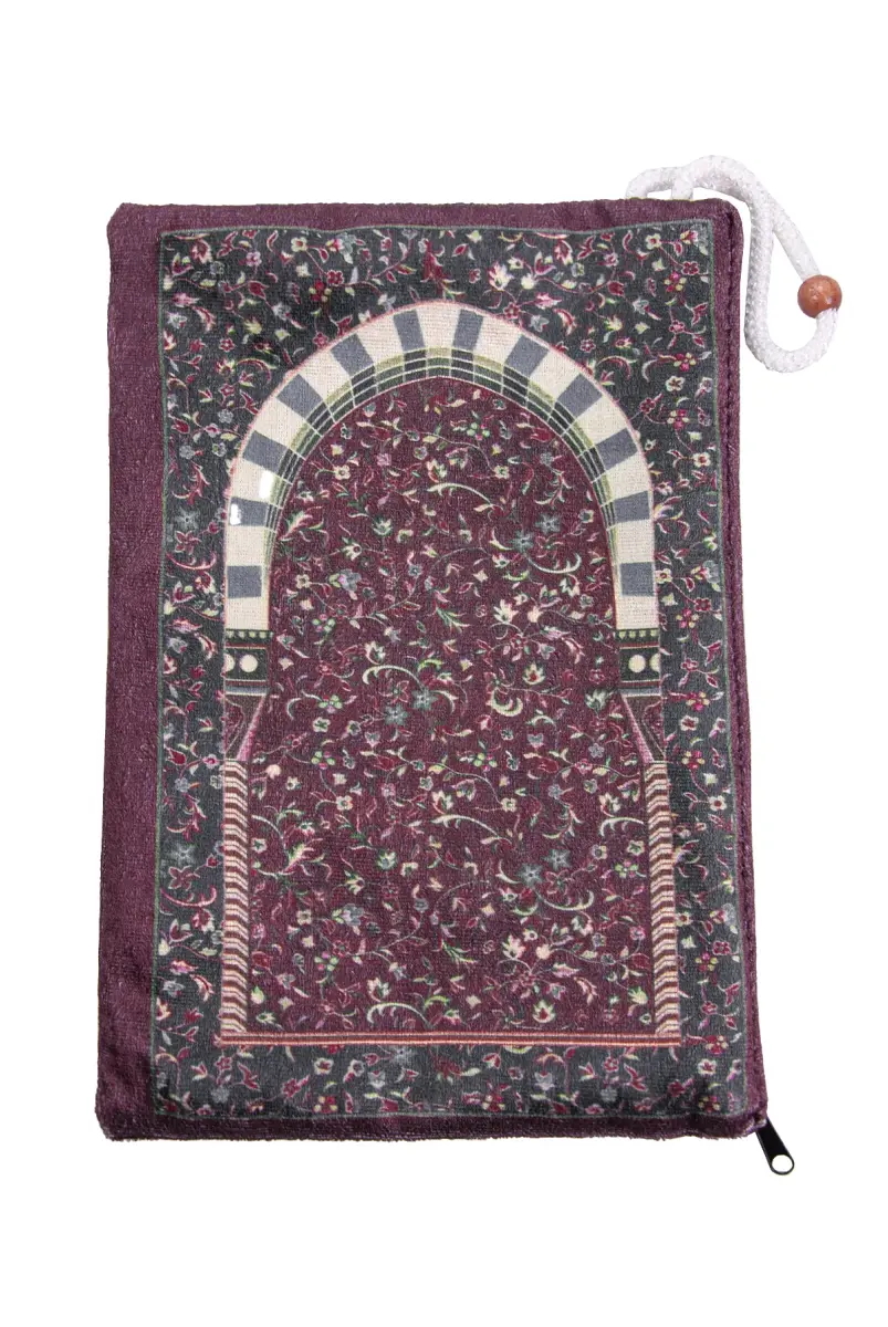Taşınabilir Çantalı Ravza Desenli Kadife Seccade - Bordo - 3