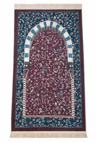 Taşınabilir Çantalı Ravza Desenli Kadife Seccade - Bordo - 4