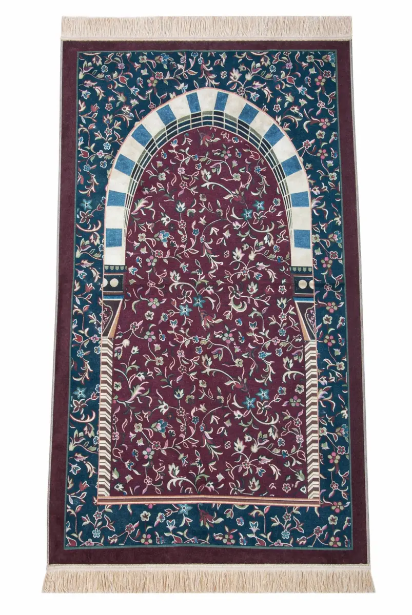 Taşınabilir Çantalı Ravza Desenli Kadife Seccade - Bordo - 4